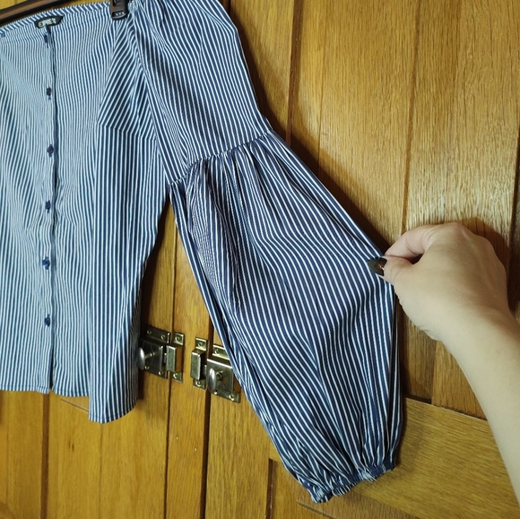 Express blue& white striped sexy off shoulder puff long sleeve Bardot blouse - Picture 5 of 11